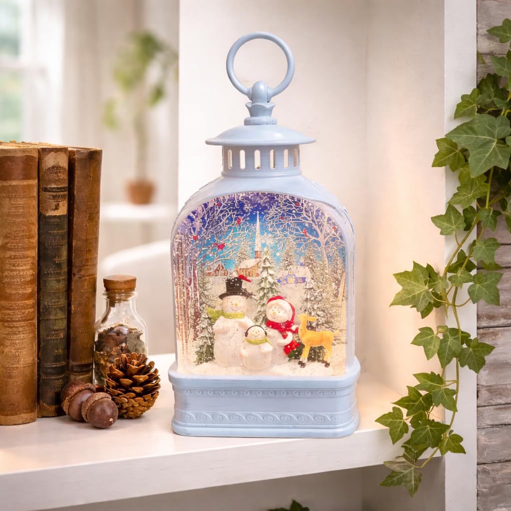 Snow Globe Lighted Snowman Family Lantern 9.5” Acrylic LED Christmas Lantern with Water Glitter Battery Operated Decoration for Tabletop Mantel Moments In Time