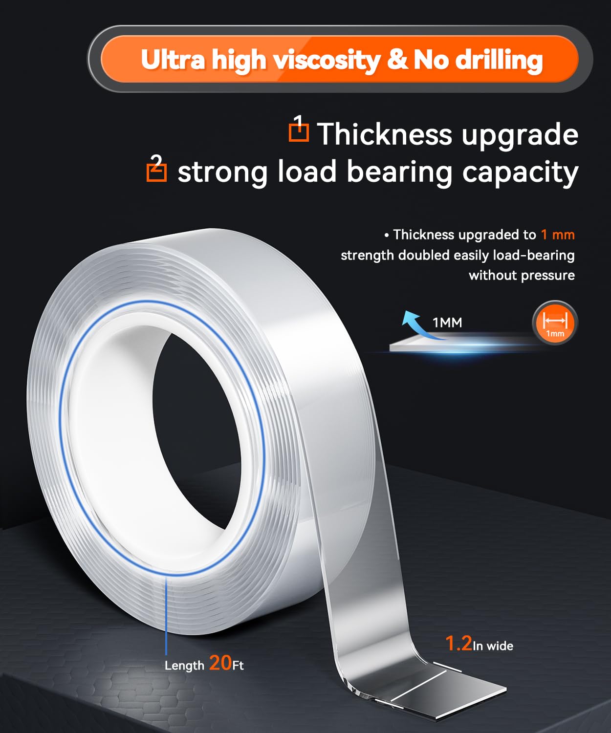 Cosygo Strong Heavy Duty Double Sided Tape, 1.2" x 20FT Extra Large Clear & Tough Removable Nano Tape for Wall Hanging Strip Poster Deco Rug