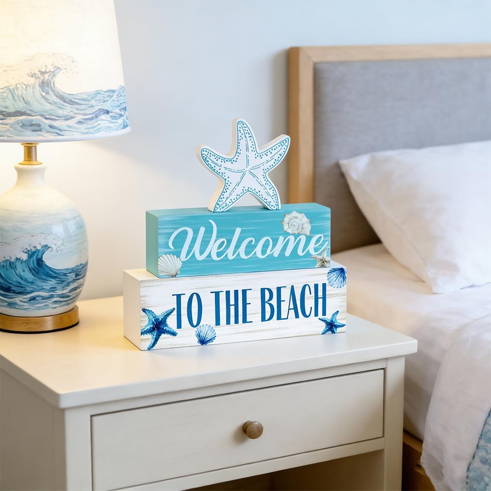 Beach Decorations for Home, MEETYAMOR 3-Layered Starfish Seashell Coastal Wood Block Beach Decor, TO THE BEACH Sign Ocean Decor for the Home, Table, Mantel