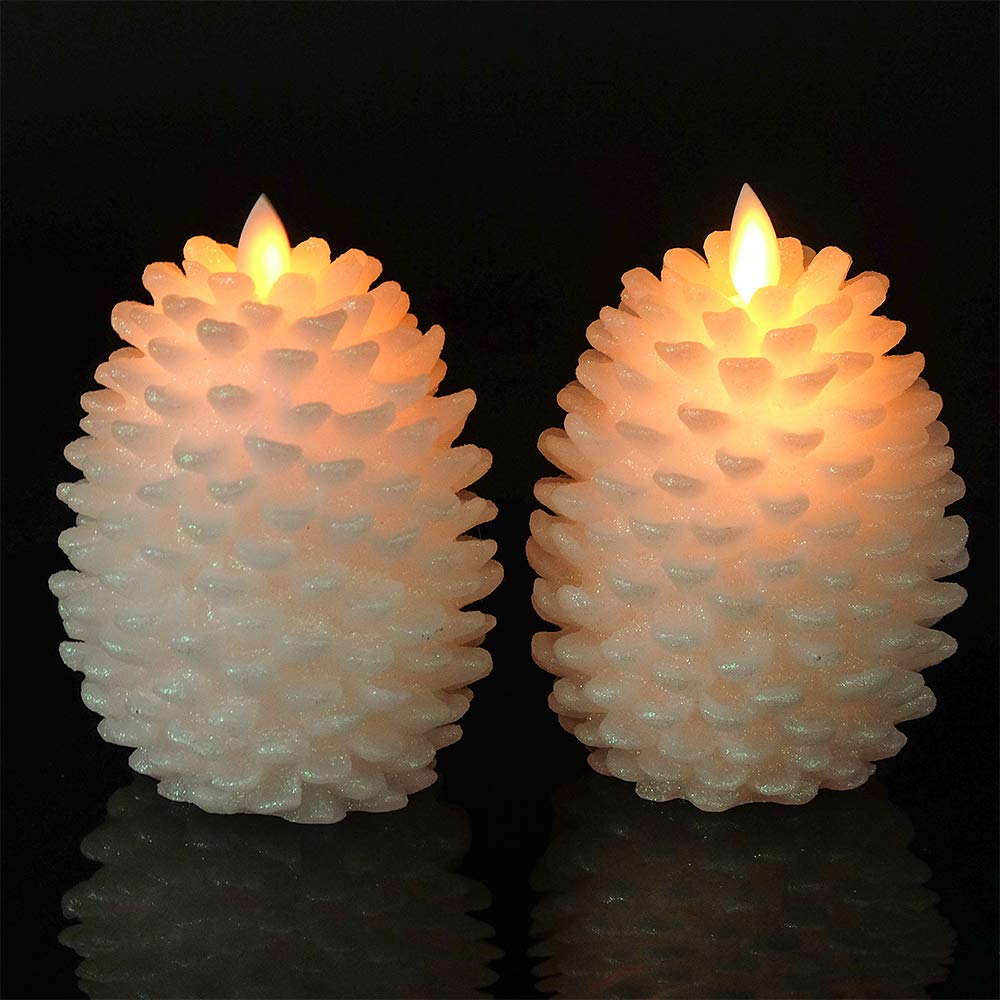 Eldnacele LED Pine Cone Candles with Remote Timer, Battery Operated Flameless Candles Unscented Wax Pinecone Candle White 2 Pack for Christmas Home Party Decoration