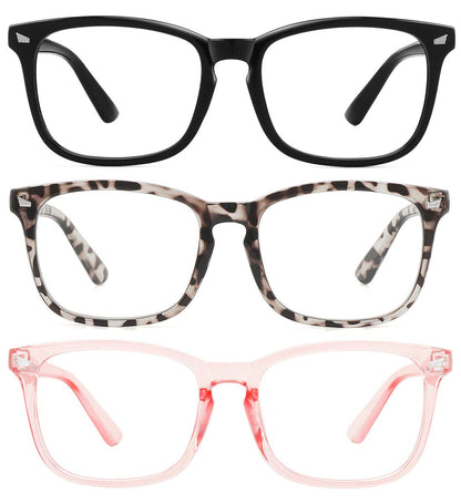 MEETSUN Blue Light Blocking Glasses, Anti Eye Strain Headache (Sleep Better),Computer Reading Glasses UV400 Transparent Lens (Black+Leopard+Pink / 3 PACK, 53)