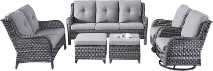 Rilyson Wicker Patio Furniture Set - 6 Piece Rattan Outdoor Sectional Conversation Sets with 2 Rocking Swivel Chairs,2 Ottomans,1 Sofa and 1 Loveseat for Porch Deck Garden(Mixed Grey/Grey)