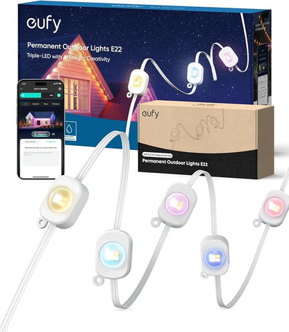 eufy Permanent Outdoor Lights E22, 150ft with 90 Triple-LED Lights, Smart RGBWW, Daily and Holiday, Up to IP67 Waterproof, AI Lighting Themes for Halloween, Christmas, Links with Cameras, White