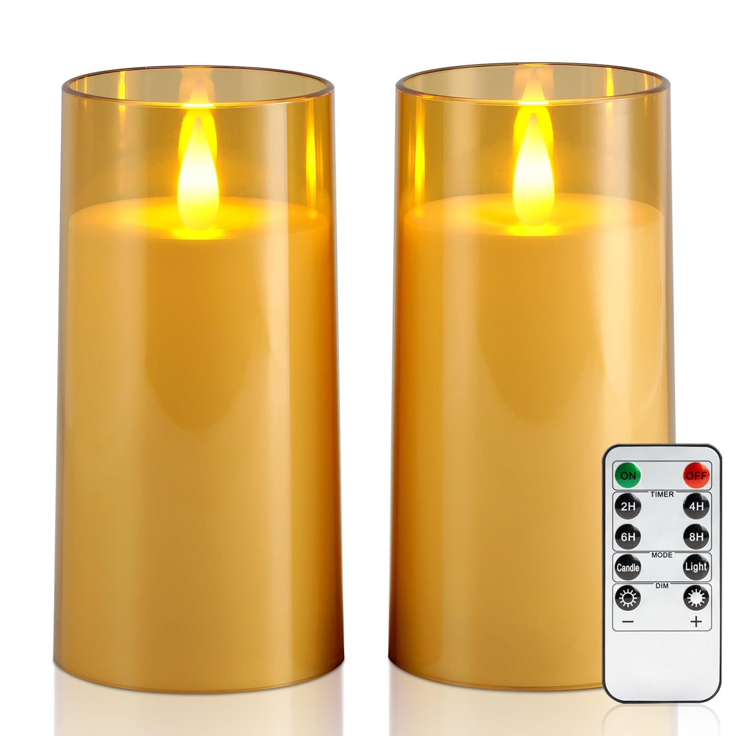 Raycare Flameless Electronic Pillar Candles with Remote Control and Timer- Battery Operated Realistic Flickering LED Fake Candle for Home, Wedding, Valentine's Day Decor, Gold,Set of 2(3"x6"6")