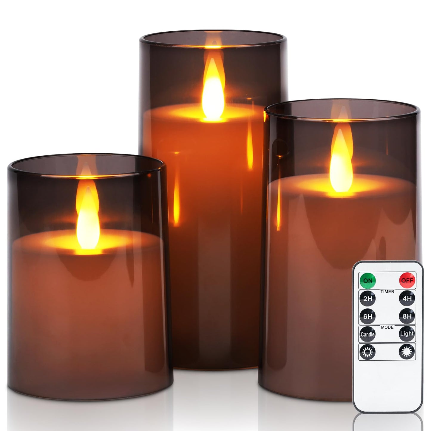 Homemory Realistic Flickering Flameless Candles Battery Operated, LED Fake Electric Candles with Remote Control and Timer for Home, Christmas Decoration, Grey, Set of 3