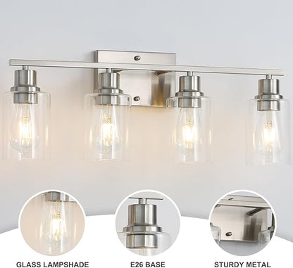 Modern Wall Lighting 4-Lights Brushed Nickel Wall Lamp Fixtures,24" Vintage Wall Sconces with Clear Glass Shades, Farmhouse Bathroom Vanity Light for Mirror,Bedroom,Living Room