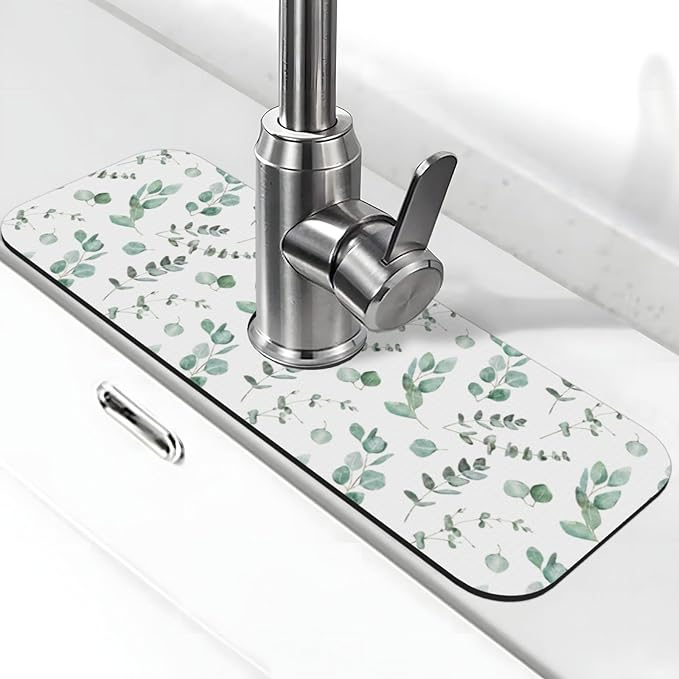 Watercolor Sage Green Grass Leaves Kitchen Sink Splash Guard Faucet Mat Super