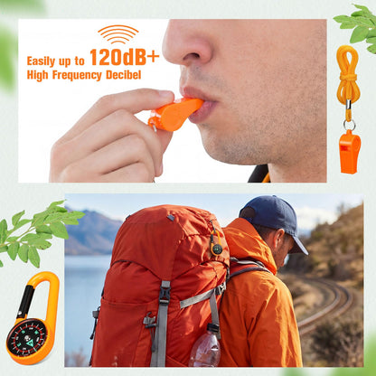 Honoson 24 Pcs Emergency Whistle and Compass Kit, 12 Survival Whistle with Lanyards Loud Blast 12 Magnetic Compass Keychain for Hiking Camping Orienteering Outdoor Navigation Accessories(Orange)