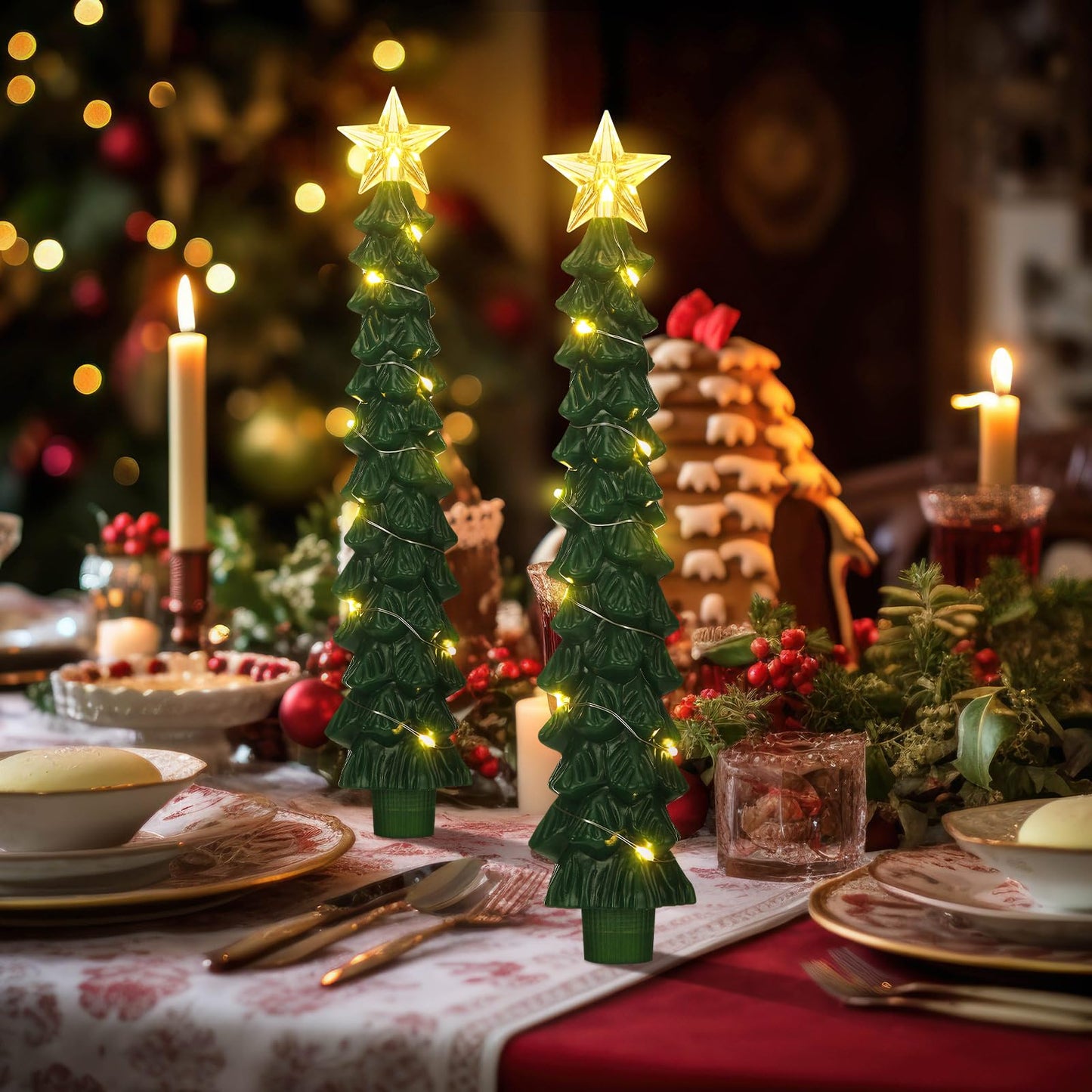 Tujoe 2 Pcs Green Christmas Tree Candles with Remote Flameless Taper Candles Flickering Led Xmas Candlesticks Battery Operated 3D Wick Warm Light for Holiday Winter Table Centerpiece Decorations