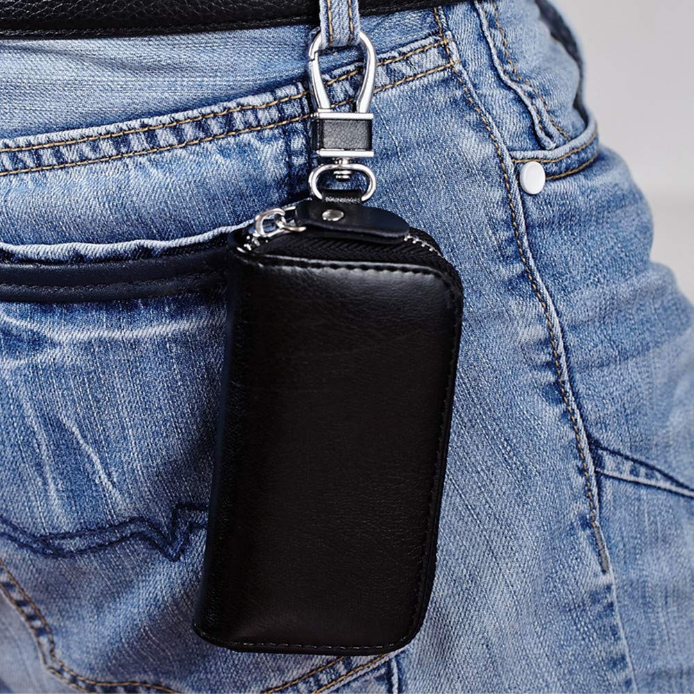 Genuine Leather Key Holder Bag with 2 Card Slots & 6 Hooks, Access Card Key Case Wallet for Men & Women (Golden)
