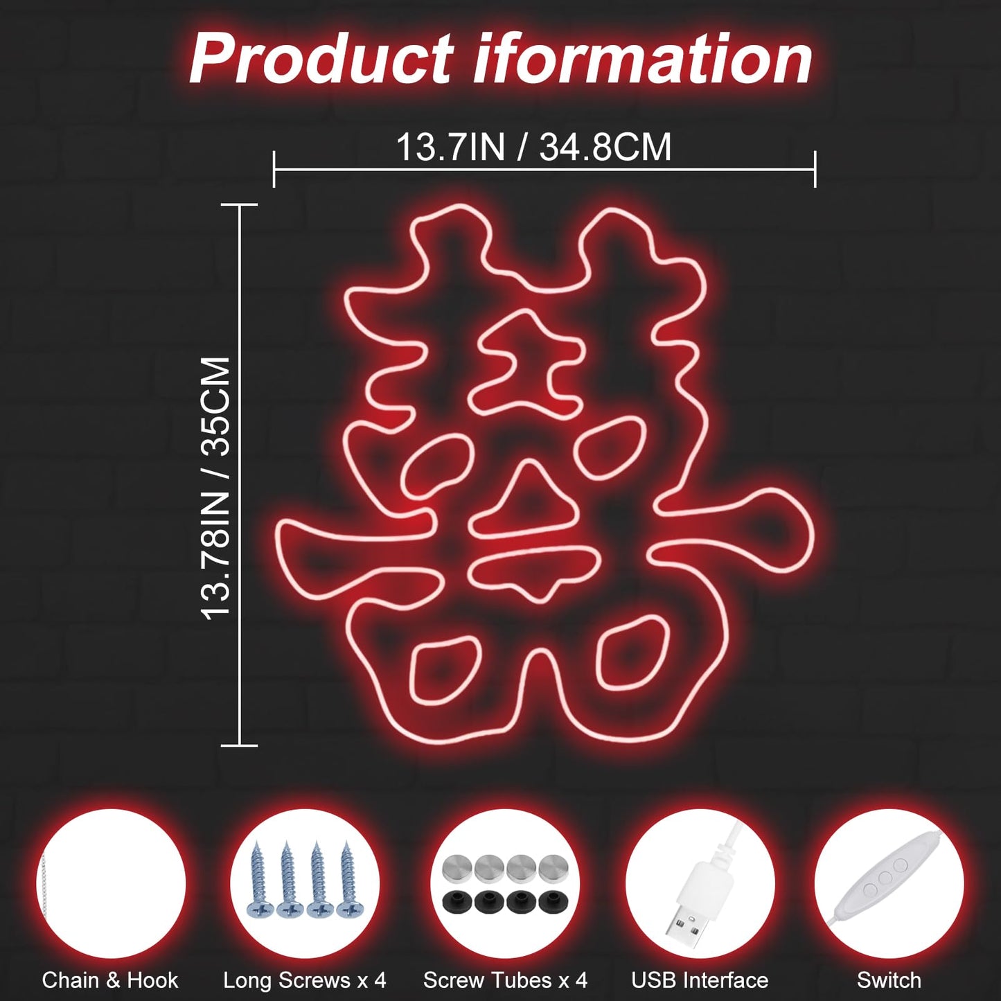 Double Happiness Chinese Character Neon Sign, Chinese Character Led Sign For Wedding Backdrop Ideas, Party, Valentines Day, Couple, Anniversary Decorations, Marriage Proposal, Wedding Gift