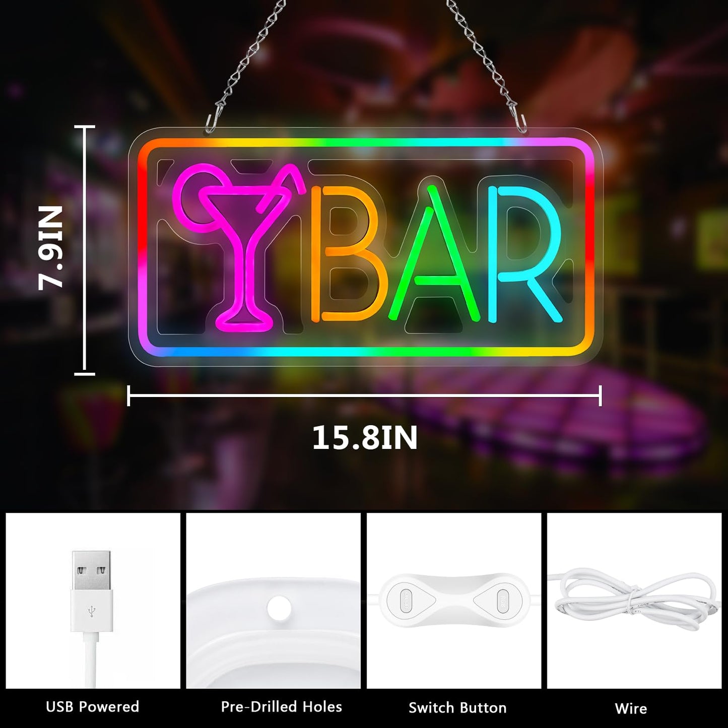 Bar Neon Sign, LED Sign for Wall Decor, LED Neon Light Signs for Home, USB Powered Bar lights for Cocktails Man Cave Party Club, Christmas Gifts