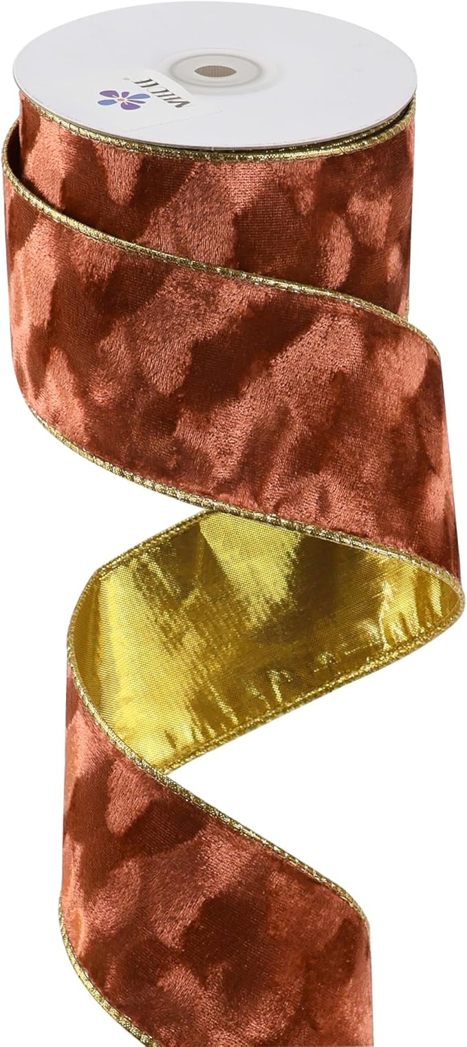 MEEDEE Copper Velvet with Gold Back Double Sided Christmas Wired Ribbon 2-1/2 inch 25 Yards Fall Velvet Ribbon for Christmas Tree, Wreaths, Crafts Bow, Garlands, Gift Wrapping, Seasonal Decorations