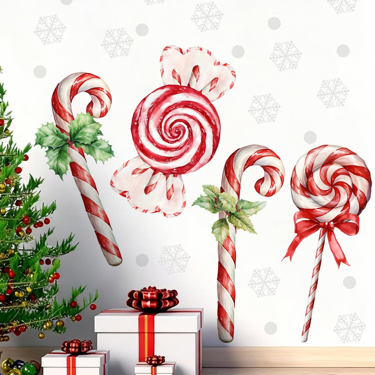 Marspark 4 Pcs Large Christmas Wall Stickers Decals Removable 35.5 x 13.5 Inch Candy Cane Wall Sticker Christmas Snowflakes Window Clings Candy Ornament for Bedroom Living Room Offices Home Decoration