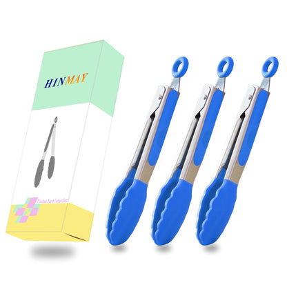 Small Silicone Tongs 7-Inch Mini Serving Tongs, Set of 3 (Black Gray White)