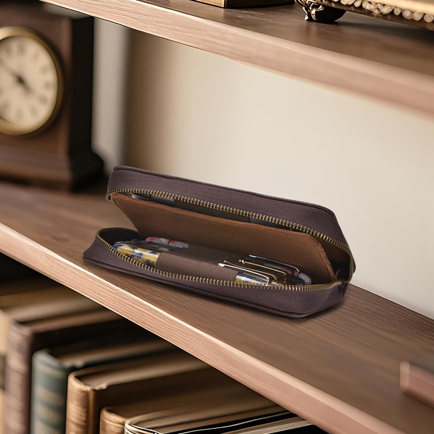 Asvine Fountain Pen Case Genuine Leather Pen Case 10 Divided Slots Coffee, Rollerball Pen Holder Handmade Display Organizer Zippered Pouch