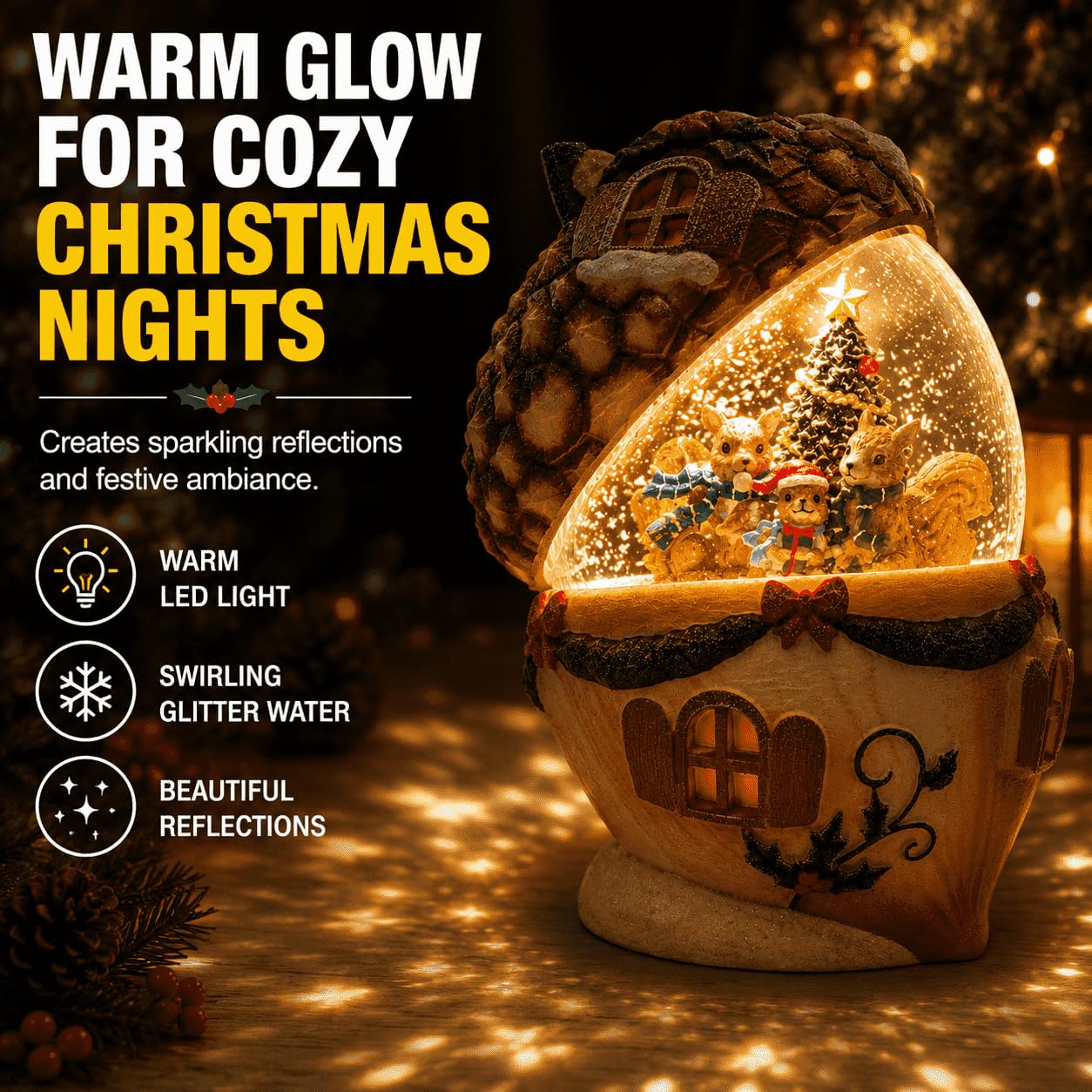 Christmas Pinecone Snow Globe Lantern with 6 Hours Timer, 3 AAA Battery Operated Glittering Water Globe, Lighted Squirrel Family Snow Globes for Xmas Mantel Tabletop Shelf Holiday Decorations Gifts