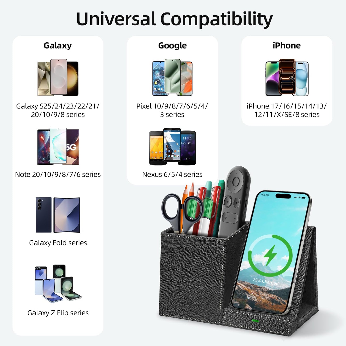 TopMade Wireless Charger with Pen Pencil Holder, Leather Mltifunctional Desk Nightstand Organizer, Fast Charging Station Remote Control Holder, Office Supplies Desk Accessories, Gifts for Men(Black)