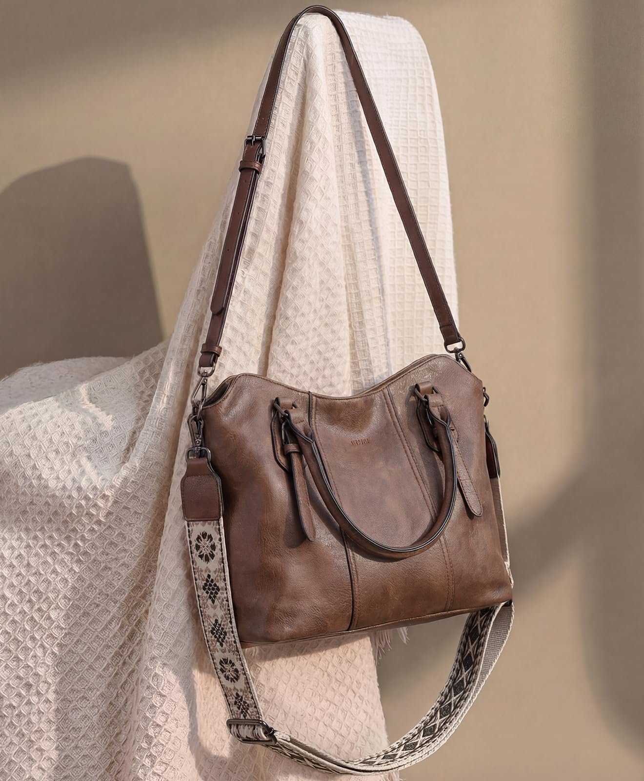 VASCHY Hobo Bags for Women, Vegan Leather Top Handle Satchel Shoulder Purse Handbag Purse with Crossbody Guitar Strap Coffee