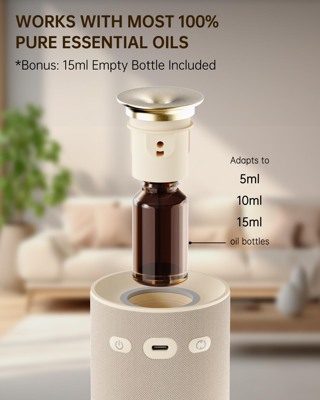 Waterless Essential Oil Diffuser,Portable Car Aromatherapy Diffuser,Rechargeable Cordless Scent Device with Fabric Design,Adjustable Mist & Ambient Light for Home, Office, Travel (Beige)