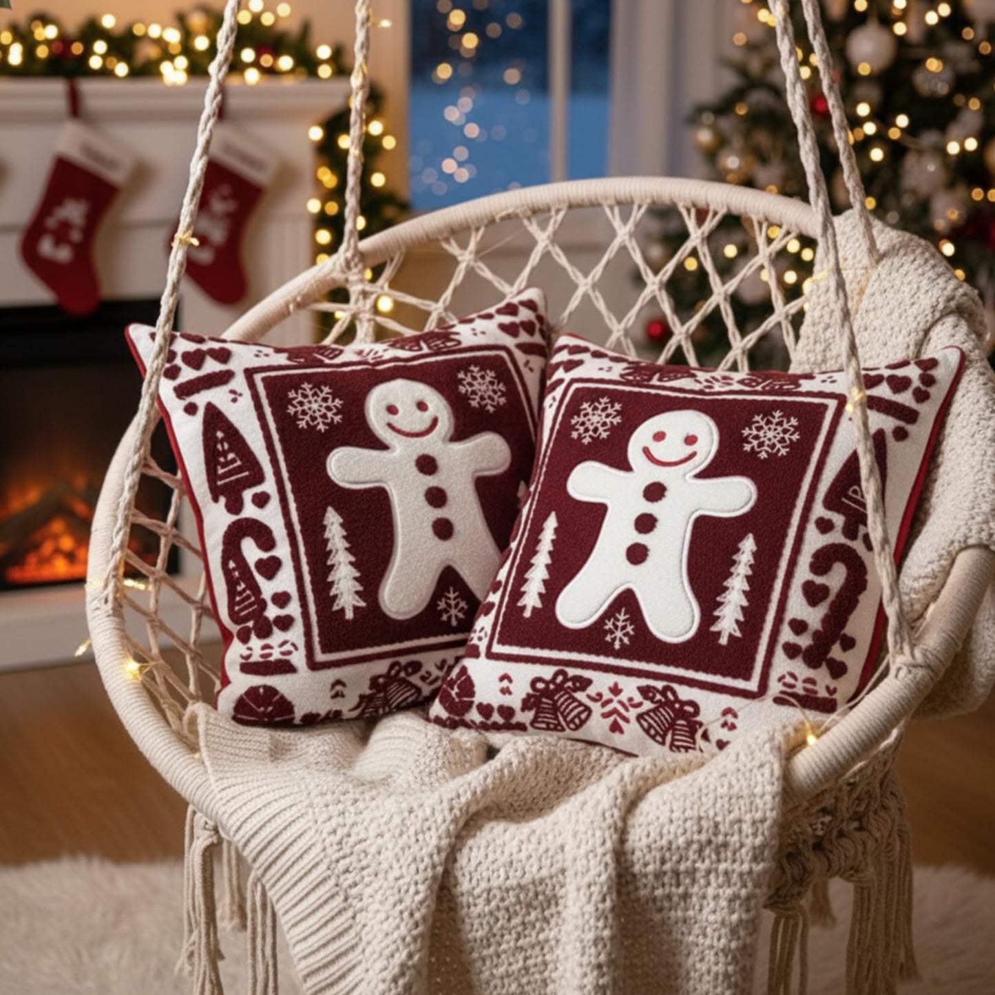 Christmas Throw Pillow Covers 18x18 Set of 2, Embroidered Gingerbread Man Cushion Covers with Snowflake Christmas Tree, Red White Holiday Decorative Pillow Cases for Sofa Couch Living Room Home Decor