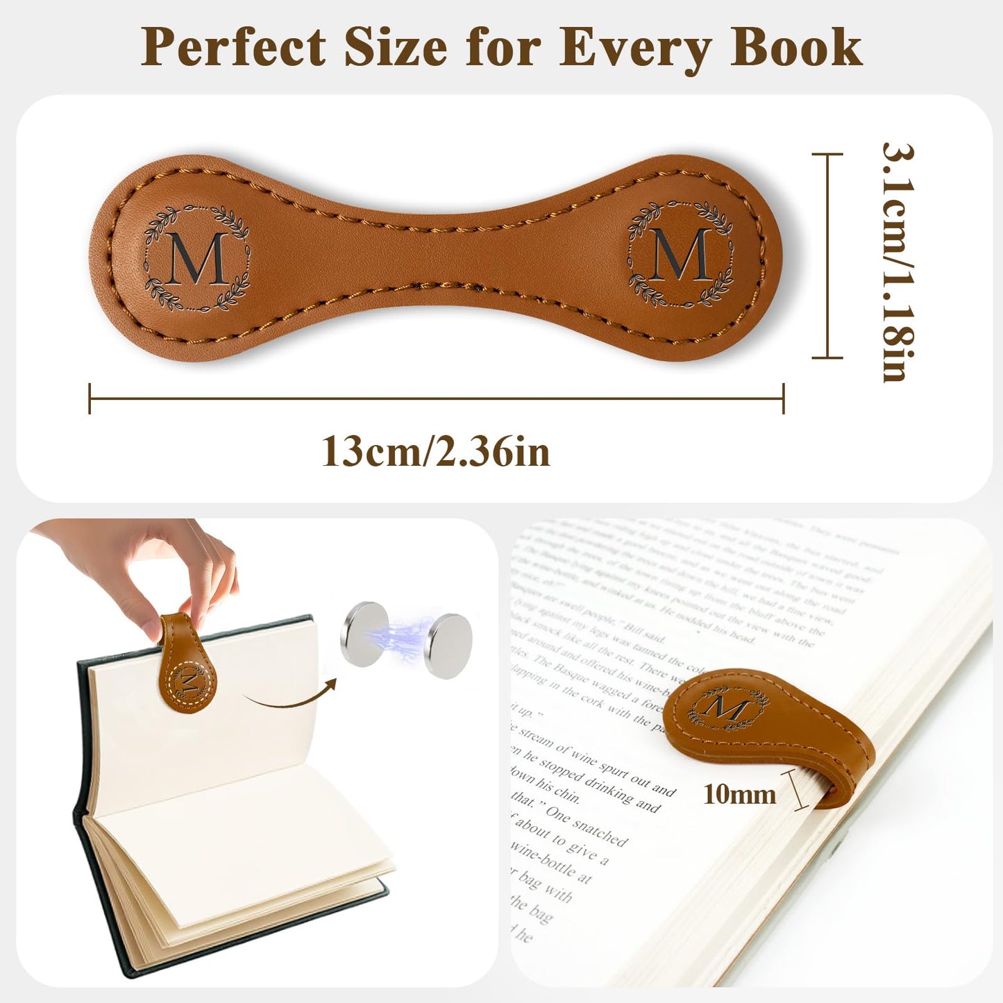 KIKIDWIS Personalized Leather Magnetic Bookmark with Pen Holder – Custom Initial Design for Readers（Brown-C）