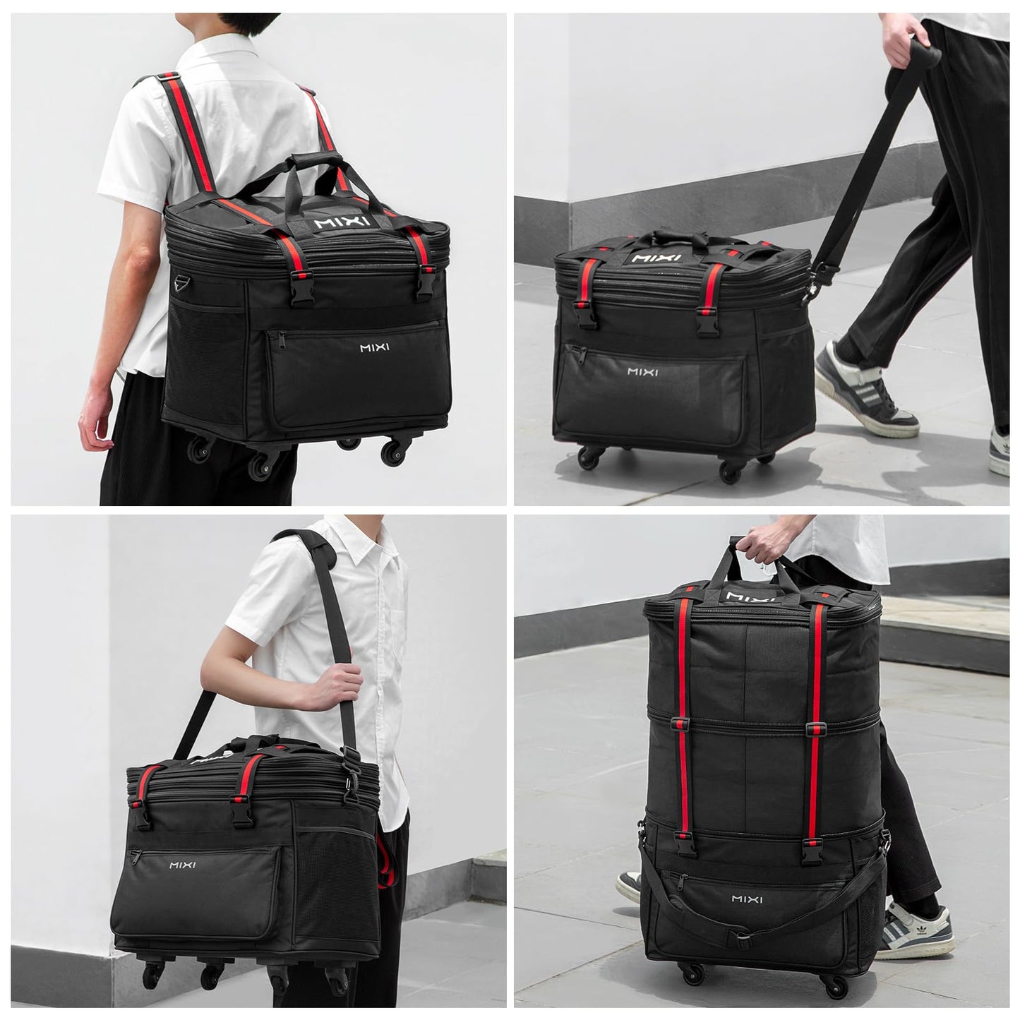 mixi Travel Bag with Wheels Expandable Foldable Luggage Bag Collapsible Rolling Travel Bag Duffel Bag Large Capacity Suitcase for Men Women, Black