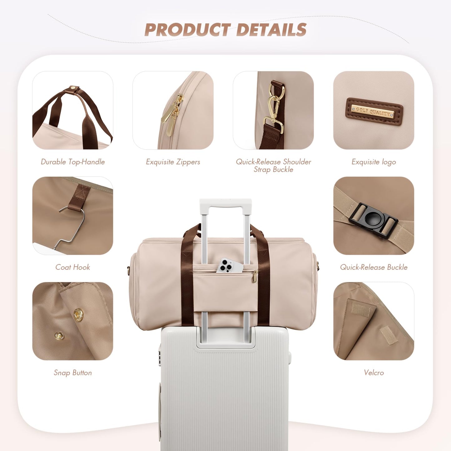 GOLF QUALITY Convertible 2-in-1 Garment Bags for Travel,Women Men Carry On Garment Duffle Bag With Shoe Compartment,Hanging Suit bag,48L,Apricot