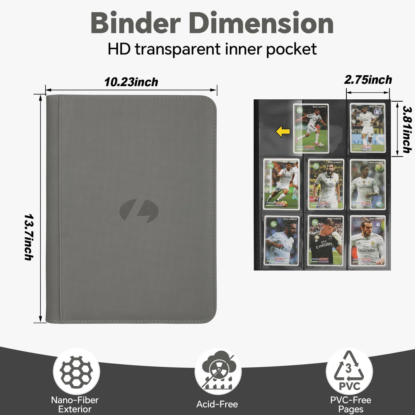 Trading Card Binder, Premium 9-Pocket Double Sided 540 Pocket PU Card Collection Binder, Collectible Trading Card Albums for MTG, TCG, Sports Cards (Grey)