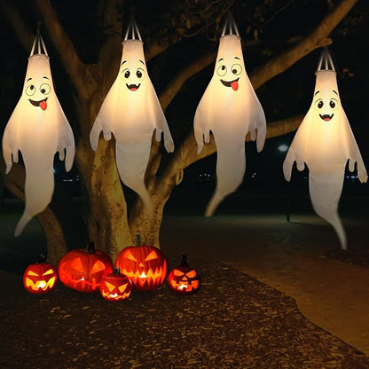Halloween-Decorations-Outdoor Hanging-Ghost Windsocks for Trees with Timer, LED Ghosts to Hang in Tree Porch Yard, Waterproof, Timer,2 Pcs (No Batteries)