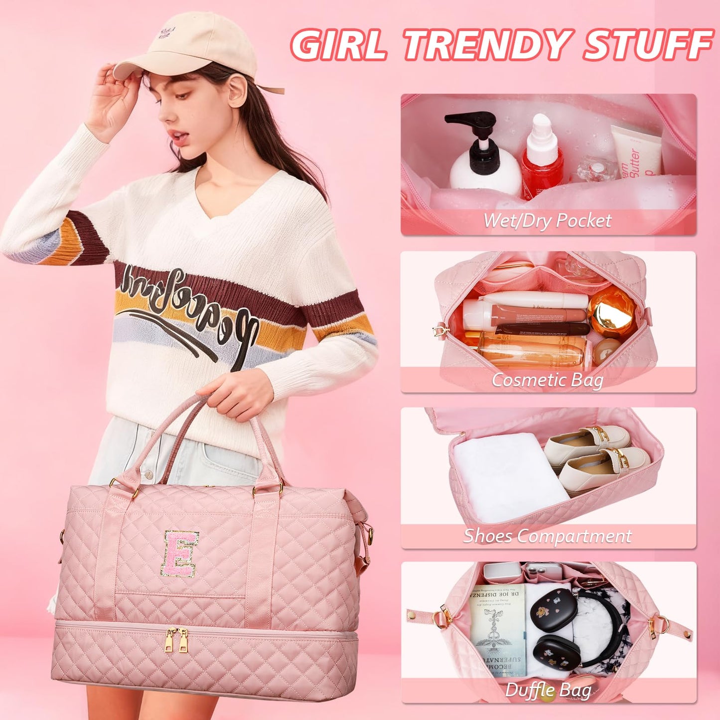CLOUDWINGS Gifts for Women Girls Initial Travel Duffle Bag Quilted Weekender Carry-On Overnight with Cosmetic Bag, Gym Bag with Shoe Compartment Hospital Bag for Labor Delivery, Pink E