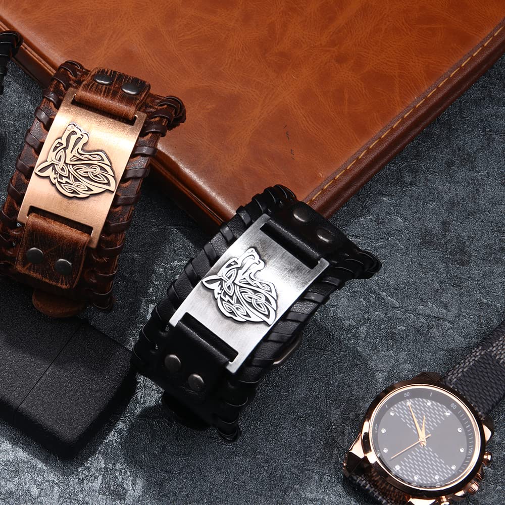 TURTLEDOVE 2 Piece Viking Leather Bracelets - Wolf Fenrir and Odin’s Raven - Medieval Bracelets for Historical