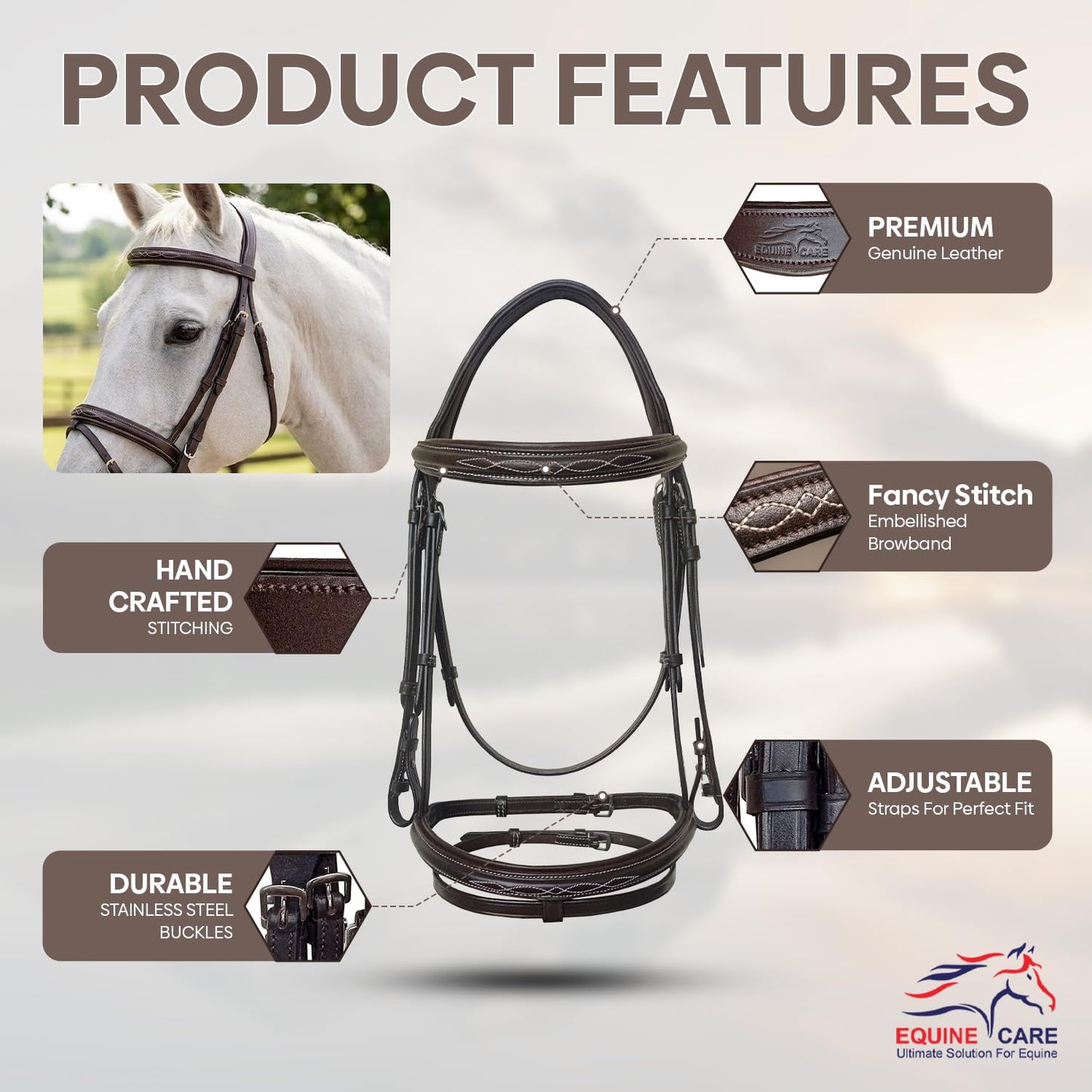 Equine Care English Horse Bridle with Reins – Fancy-Stitched, Padded Comfort Crown & Noseband, Vegetable-Tanned Leather, Stainless Steel Fittings, Full Size Hunter Jumper Tack