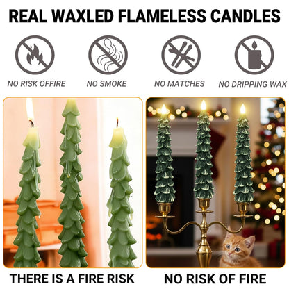 FYBW Christmas Tree Flameless Taper Candles with Remote Timer,4 Pcs Green LED Taper Candles with 3D Flame for Holiday Decorations (Snowy Green B)