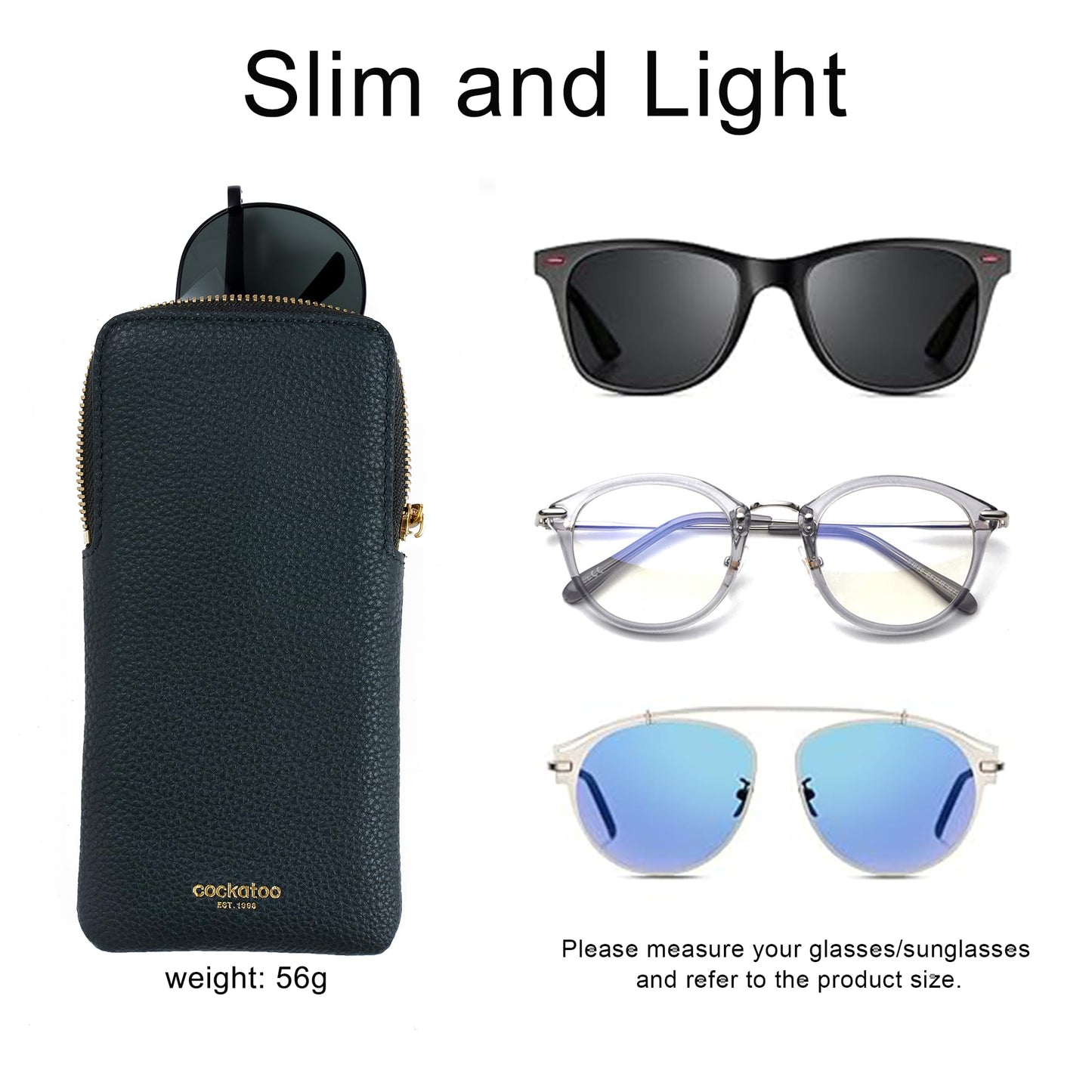Cockatoo Sunglasses Leather Soft Case Zipper Eyeglass Pouch for Women Men (BLACK)