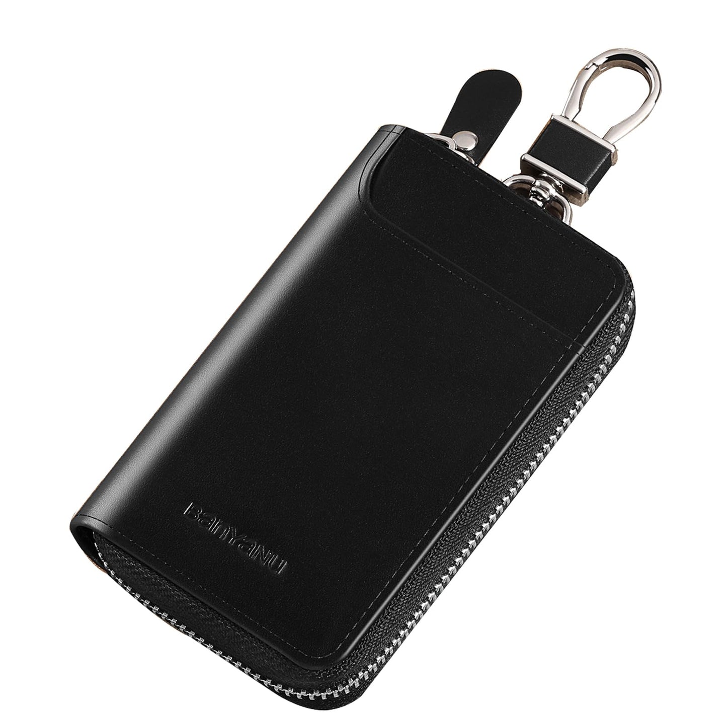 Teisson Car Key Case for Men and Women, Black Genuine Leather Card Holder Wallet Keys Pouch Organizer Bag with 6 Keychain Hooks, 3 Cards Slot (Black w/keychain)