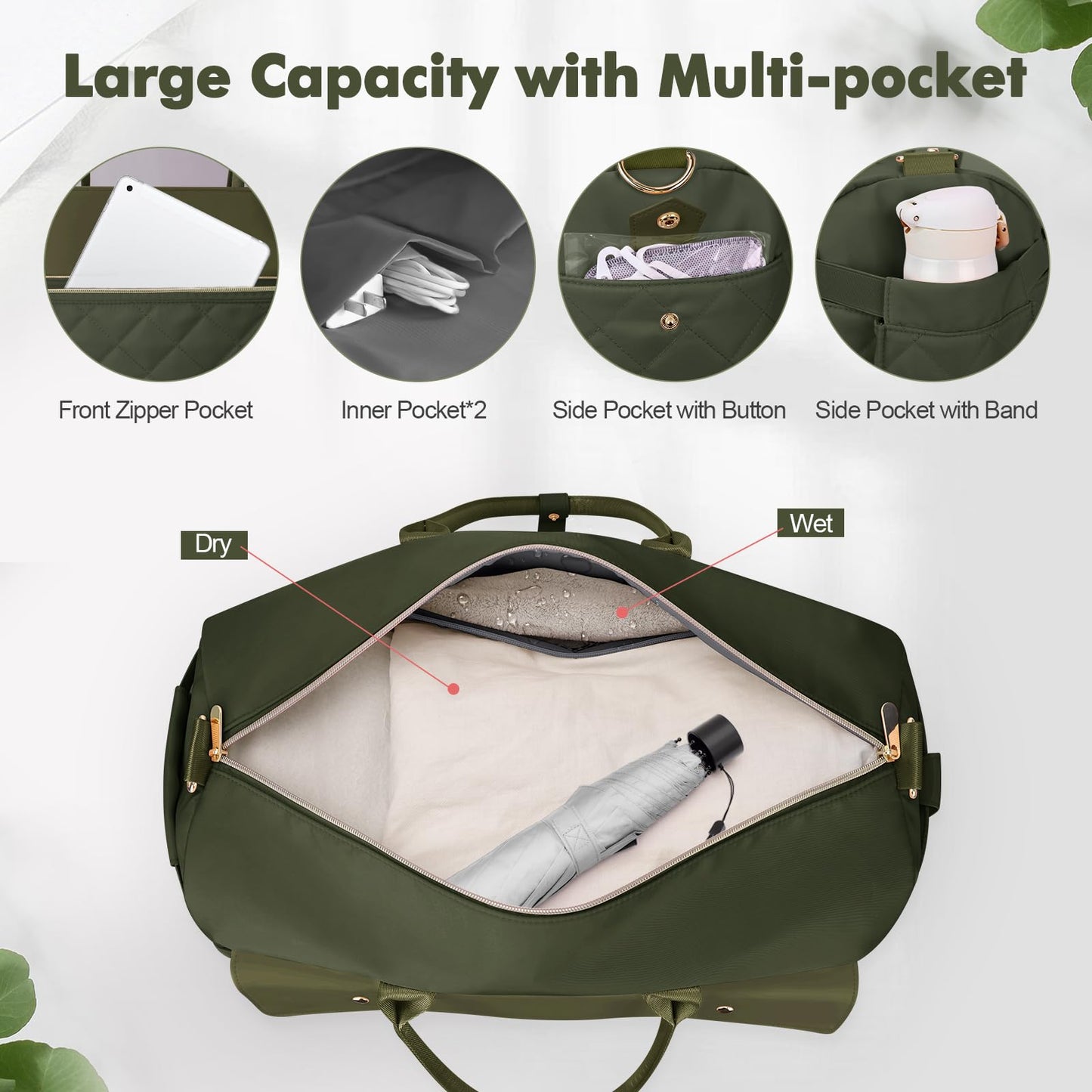 Wedama Travel Duffel Bag, Large Weekender Bag for Women with Shoe Compartment, Carry on Overnight with Toiletry Makeup Bag for Travel Gym Camping Hospital, Green