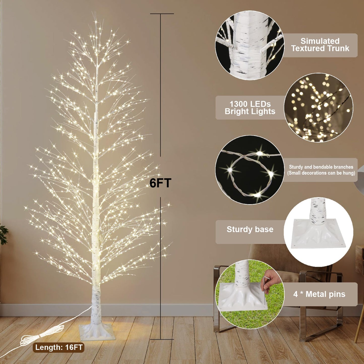 Lituplife 6FT Enchanting Birch Tree with 1300 LED Lights, Twinkle Light White Christmas Tree with Timer IP44 Waterproof for Indoor Outdoor Festival Wedding Party Christmas Decorations