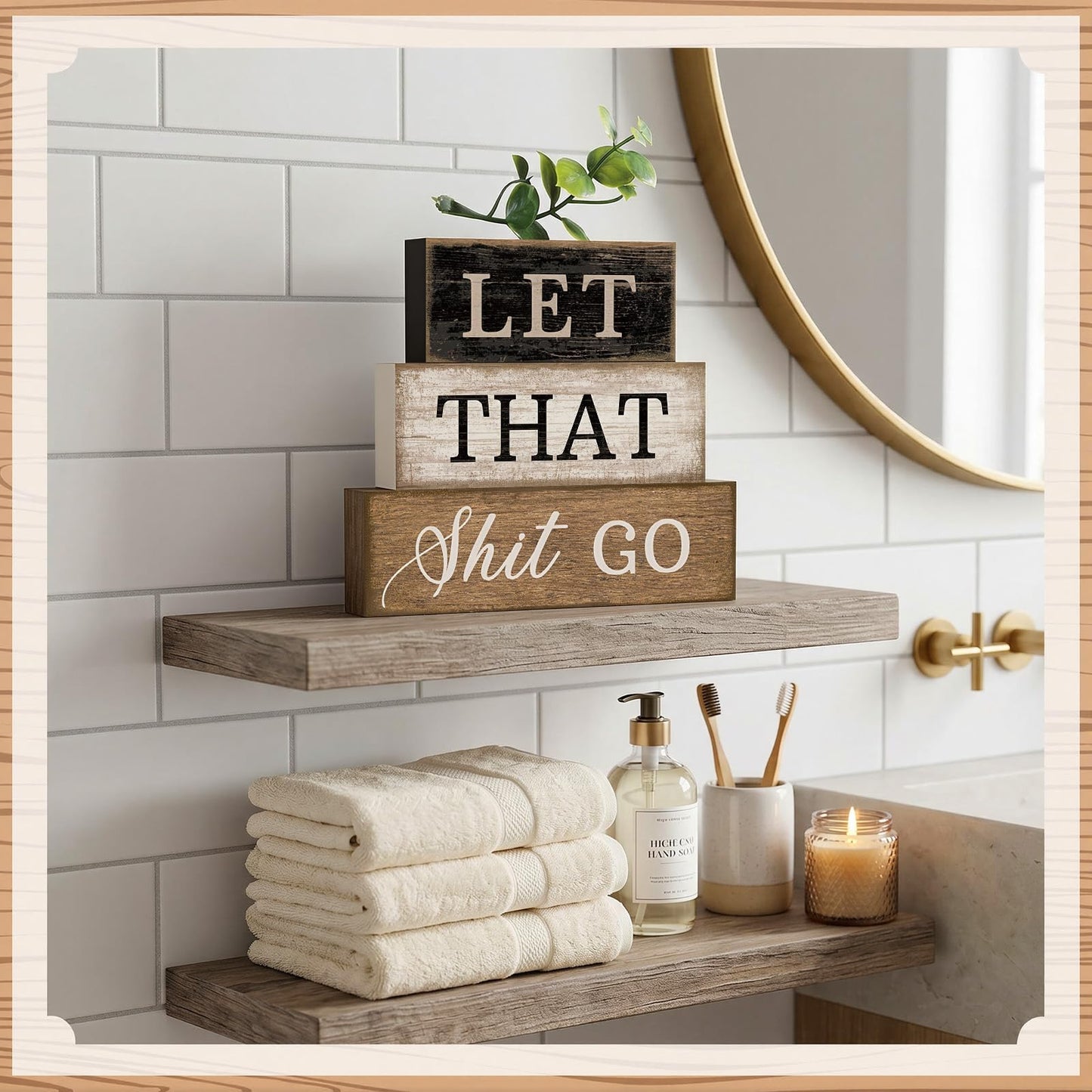 Moucuny 4 Pcs Bathroom Shelf Decor Sign Farmhouse Bathroom Decor and Accessories Rustic Eucalyptus Leaves Wood Block Sign Gift Let That Shit Go Funny Farmhouse Table Centerpiece for Home Office Toilet