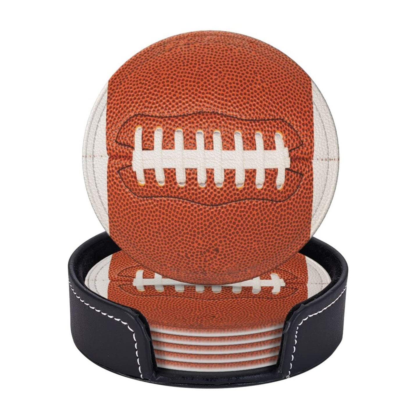 sunwarshile Football Coasters for Drinks with Holder Round Leather Coasters Set of 6 Cups Mugs Mat Pad for Home Kitchen Bar