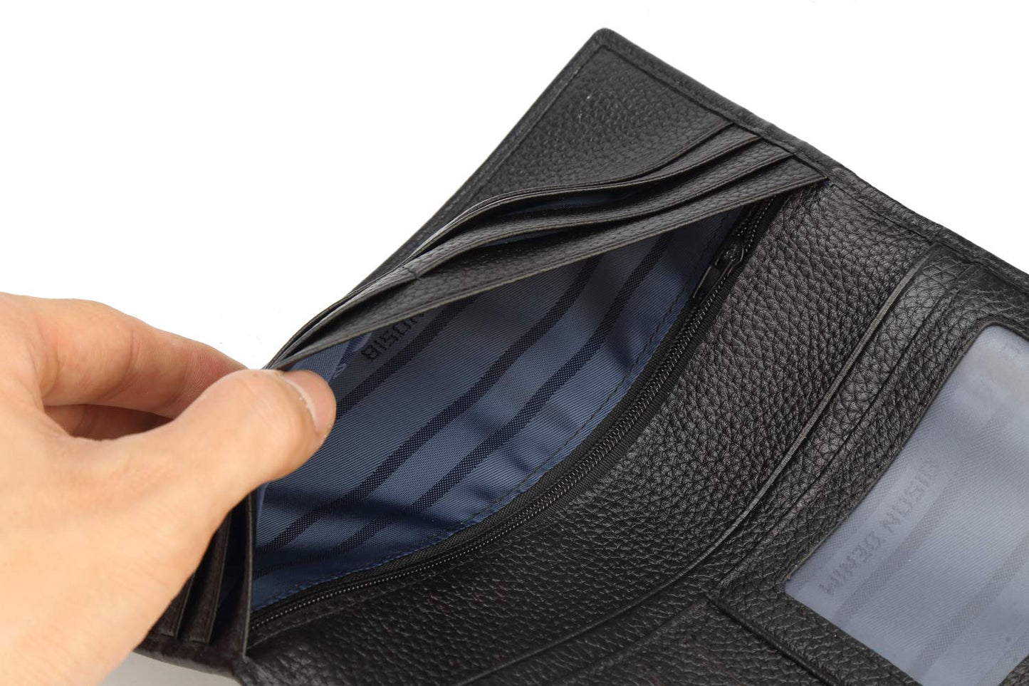BISON DENIM RFID Bifold Wallets Slim Credit Card Wallet Real Leather Mens Long Wallet with Zipper Coin Pocket