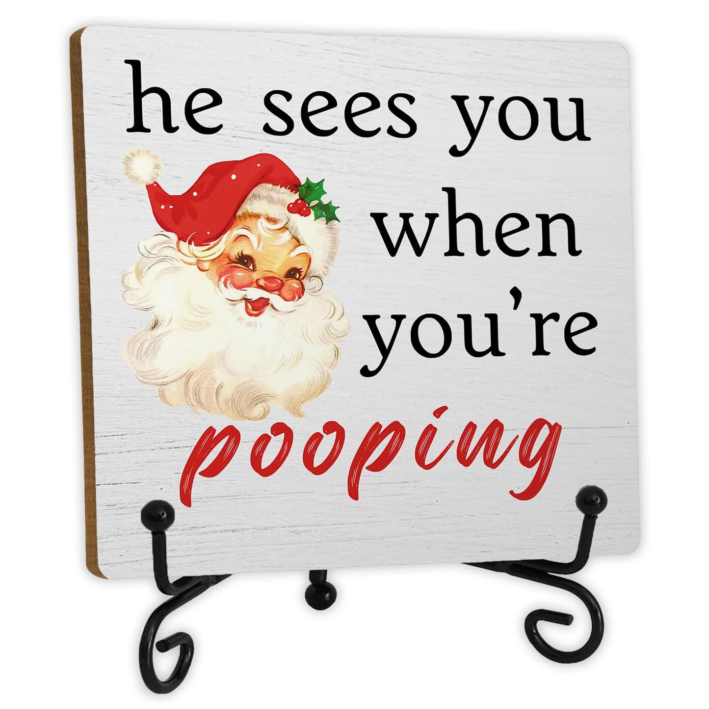 SkipTiger Funny Christmas Bathroom Wooden Desk Sign, He Sees You When You're Pooping Red Christmas Santa Wood Plaque With Stand for Bathroom Toilet Restroom Shelf Counter Decor
