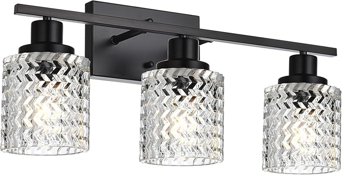 MELUCEE 3 Lights Modern Bathroom Light Fixtures Black Vanity Lights Indoor Wall Mounted Light with Hammered Glass Shade Suitable for Bathroom Living Room Hallway