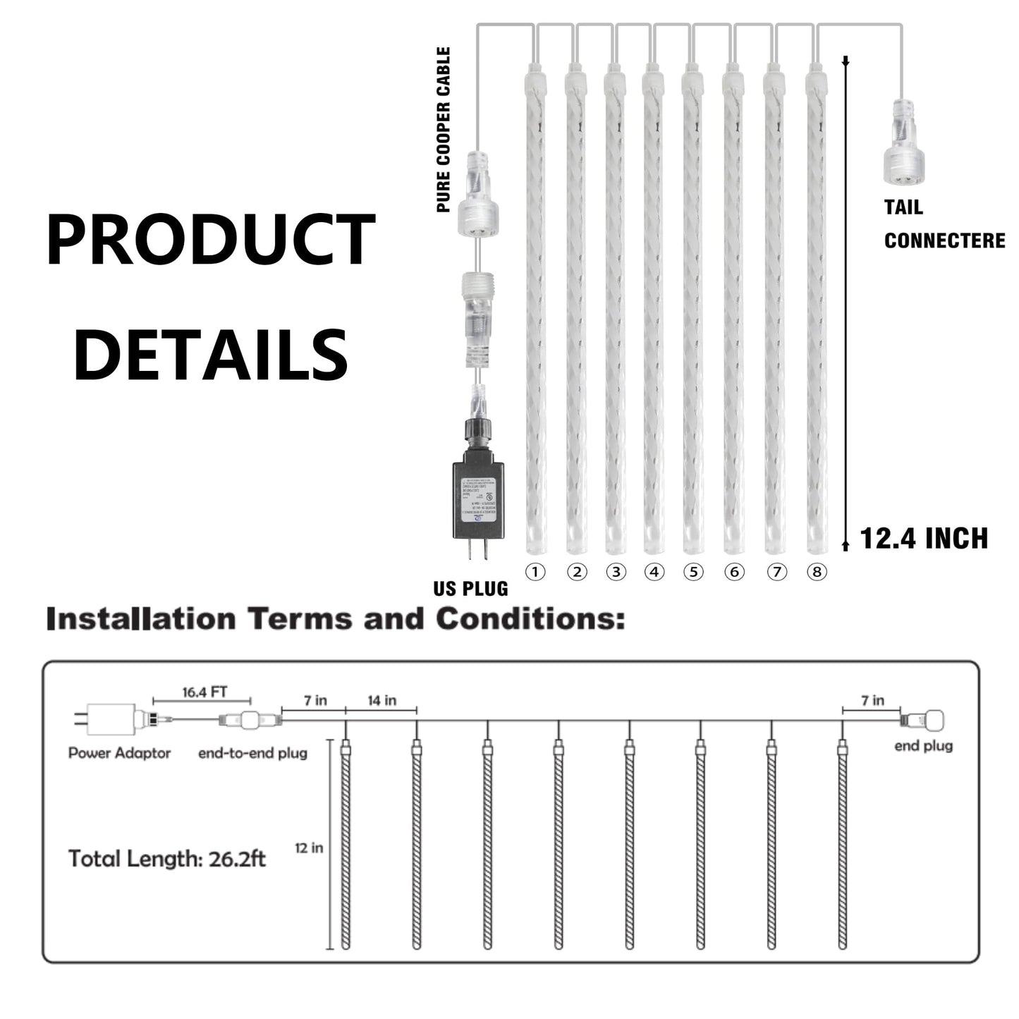 TW SHINE White Christmas Meteor Shower Lights Outdoor, 288LED 12" 8 Tubes Waterproof Christmas Lights Outdoor Plug in, Snow Falling Rain Icicle Xmas Light Decorations, White