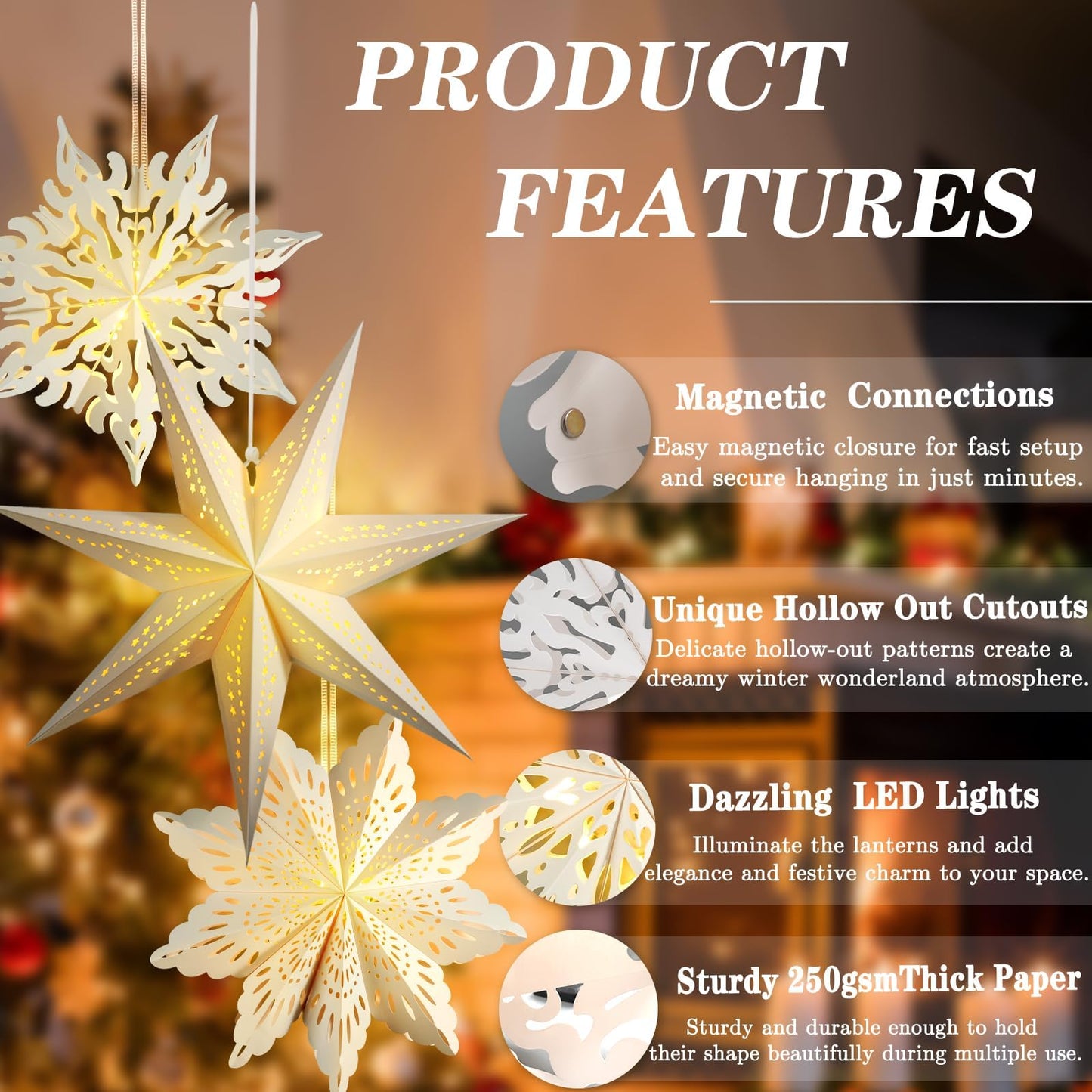 Winter Wonderland Snowflake Party Decorations, Christmas Hanging Decor, White Paper Star Snowflake Lanterns with Lights Paper Fans Garlands Set for Christmas Frozen Winter Birthday Wedding Party Decor