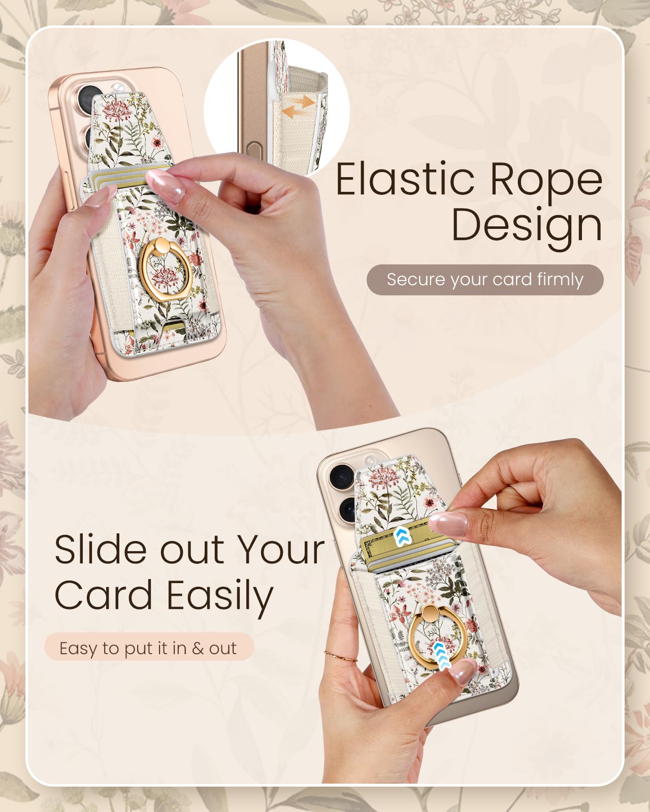 Shorogyt Compatible with Magsafe Wallet with Grip Magnetic Card Holder - Cute Phone Wallets with Ring Stand for iPhone 17/16/15/14/13/12 Series for Women Girls, Fit 7 Cards, Flower