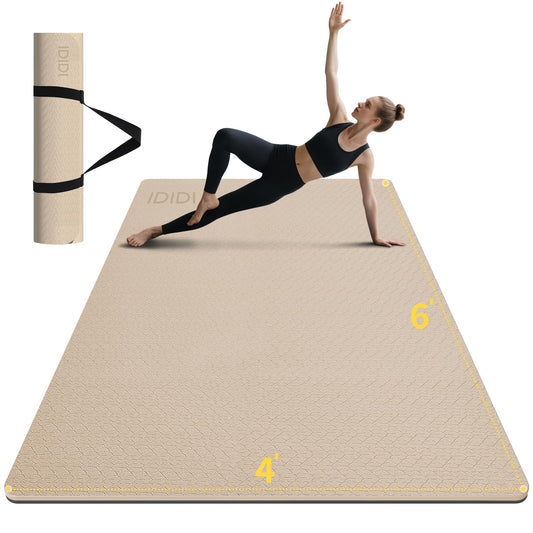 10mm Large Yoga Mat (6'x 4') - Extra Long and Wide 72 x 48 x 0.4 inches, Non-Slip POE Fitness Mat, Eco-Friendly, Thick Wide Exercise Mat for Home Workouts,Ideal for Yoga and Pilates. (Beige+Black)
