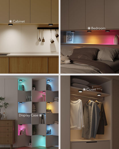 USB Rechargeable RGB Puck Lights with Remote, Black Color Changing Battery Powered Tap Light Classroom Magnetic Push light Stick On Closet lamp Wireless LED Shelf Lighting Under Cabinet Touch Lights