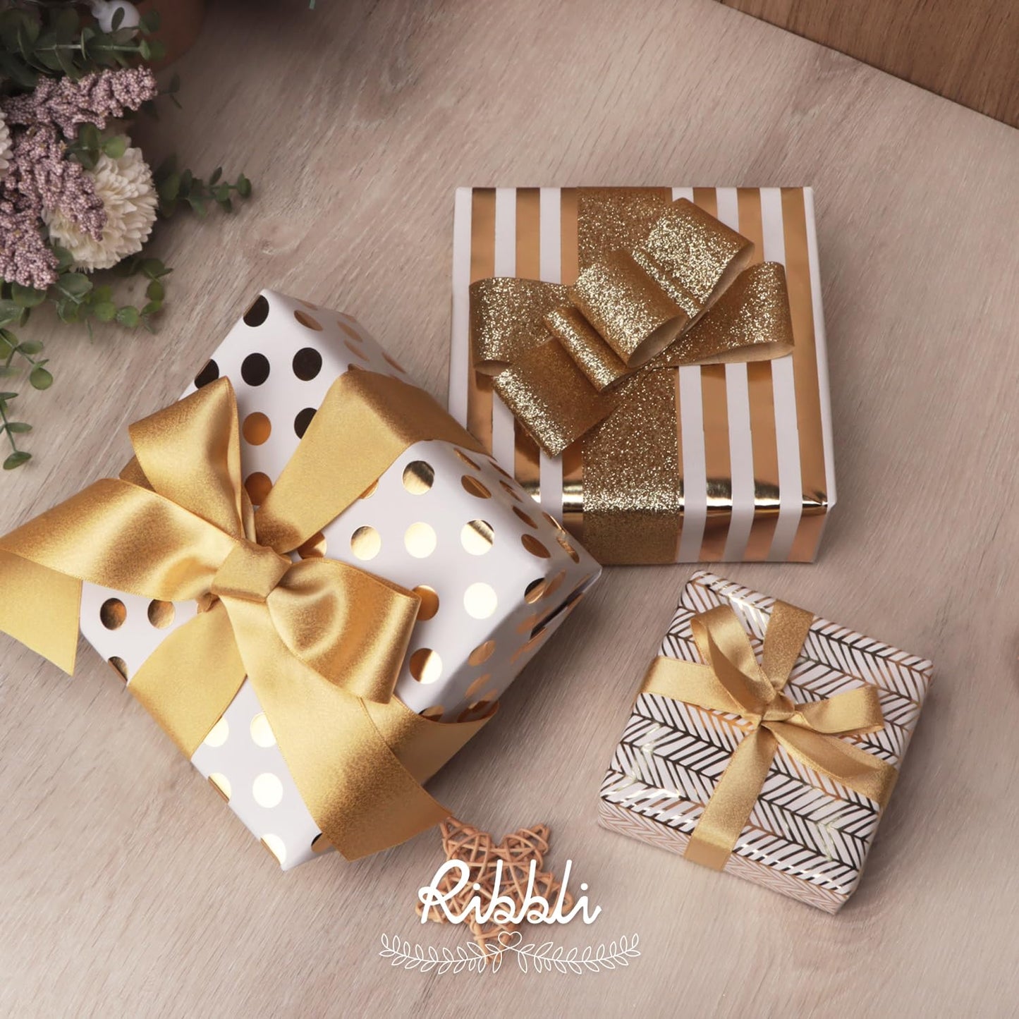 Ribbli Birthday Wrapping Paper White and Gold Gift Wrapping Paper for Christmas Mini Roll, 3 Rolls Polka Dots Stripes Geometry Pattern with Gold Foil - 17 inch x 120 inch(10feet) Per Roll