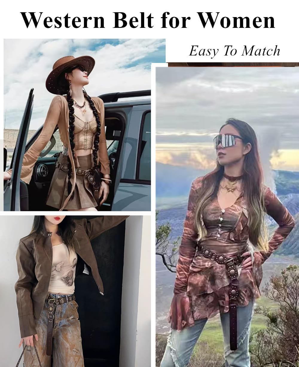 JFYSJH Brown Western Belts for Women Cowgirl Y2K Studded Leather Concho Chain Belt Wide Boho Disc Vintage Country Belts for Dresses Jeans, Fit Waist 38" to 42"